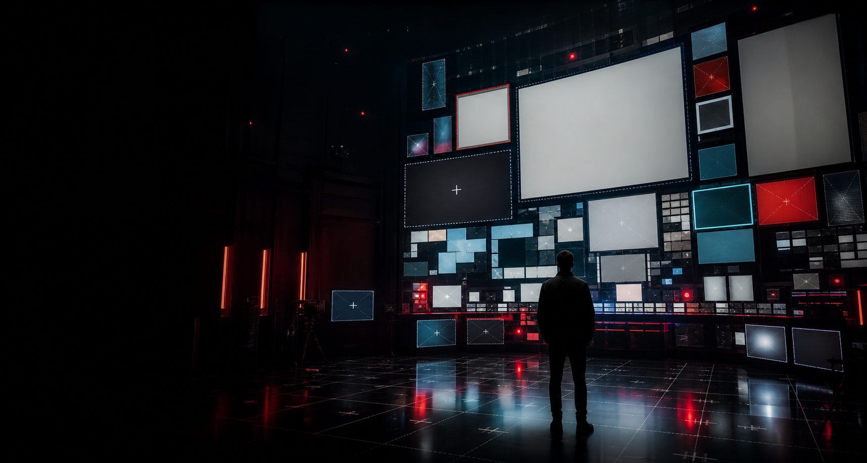A cinematic wall of blank advertising screens in a dark control room.